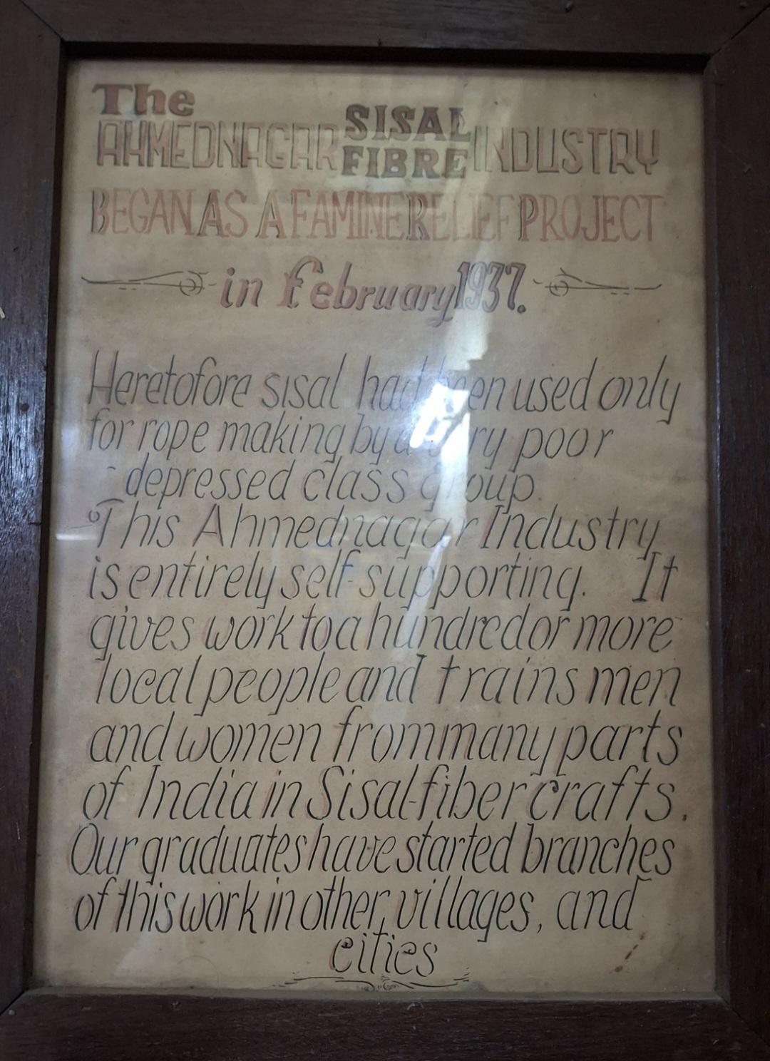 A Framed Pamphlet at the Sisal Handcraft Centre which explains the origin of the Sisal Fibre industry in Ahilyanagar. Source: CKA Archives