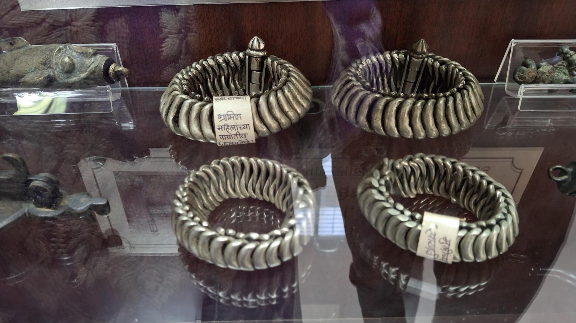 Silver-colored accessories worn by women in rural areas of the district in the past at the Historical Museum & Research Centre at Ahilyanagar. (Source: CKA Archives)