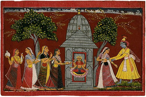 A traditional painting illustrating the episode where Rukmini, daughter of King Bhishmaka, is said to have eloped with Krishna from a Mandir dedicated to the Devi Ambika. According to local tradition in Amravati, this event took place at the site of the presentAmbadevi Mandir.