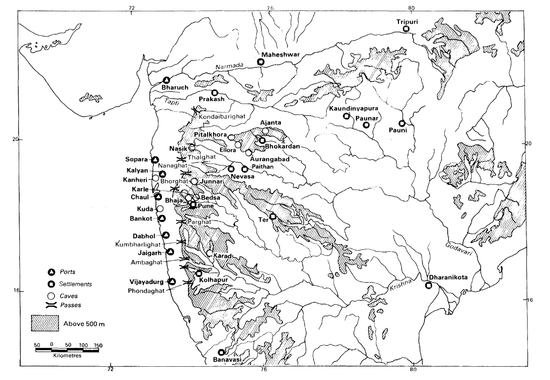 Distribution of Satavahana settlements in the western Deccan, part of a network that connected Vidarbha — including Pauni in present-day Bhandara district — to major trade routes of early historic India.Source: Oxford University Press