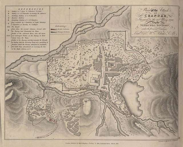 Historic map showing the fortified layout of Chandrapur (then Chanda), attacked in 1818 during the Third Anglo-Maratha War. The irregular, zigzagging city plan is traditionally linked to a local legend in which a white-spotted hare was seen chasing the king’s dog — an omen said to have guided the placement of Chandrapur’s fortifications under Gond ruler Khandkia Ballal Shah.