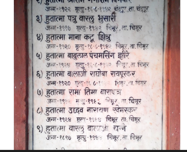 Names of Chimur Kranti martyrs inscribed on a commemorative plaque in Chimur, preserving the memory of those who participated in the 1942 uprising.