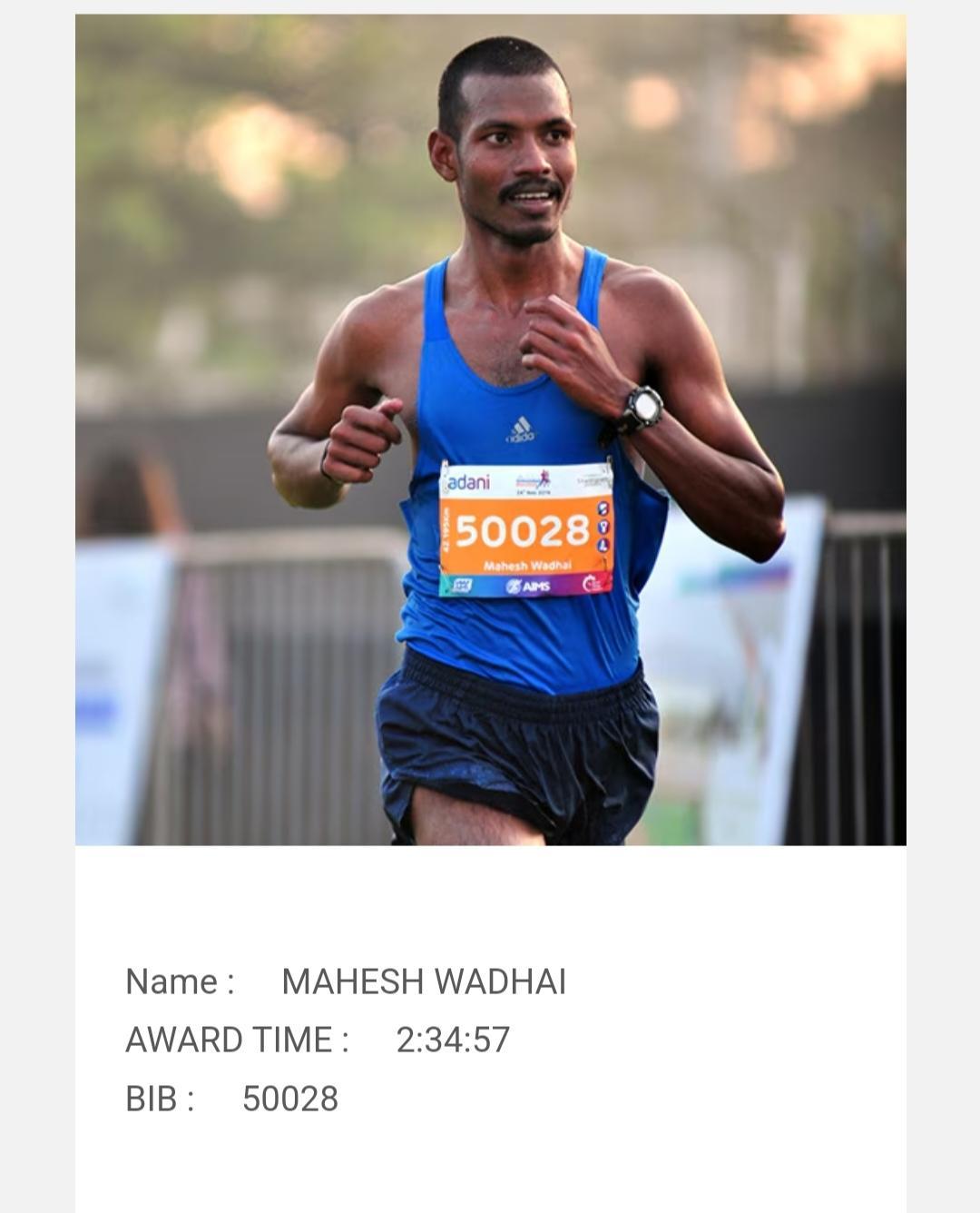 Mahesh Wadhai is a distinguished marathon runner hailing from Chandrapur, India. Mahesh Wadhai completed a full marathon (42 km) with a remarkable personal best time of 2:31:57 at the Vasai Virar Municipal Corporation Marathon held in Mumbai on December 11, 20222. This achievement places him among the elite marathon runners in India.[1]