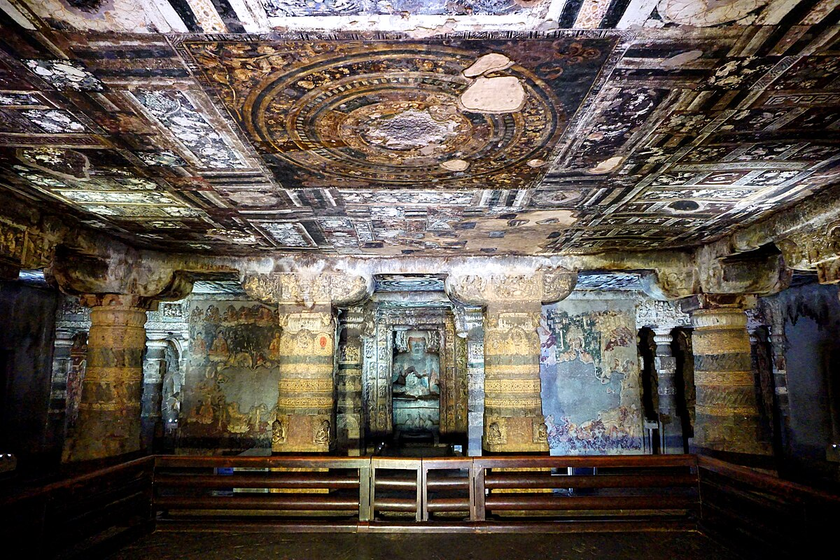 Cave 2 at Ajanta reflects the later Mahayana phase, with a sculpted Buddha, bodhisattvas, and vibrant tempera murals adorning its intricately carved interiors.[2]