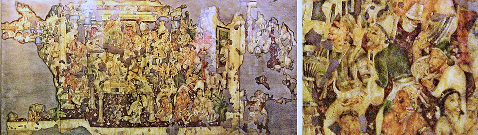 Interestingly, there are even depictions of foreign traders and visitors in the Ajanta paintings. One such notable example is the upper part of the panel often called the “Persian Embassy Scene.” The figures of foreigners shown here are believed by scholars such as Spink (2007) to depict Sassanian merchants and visitors who travelled to India along active trade routes of the time.