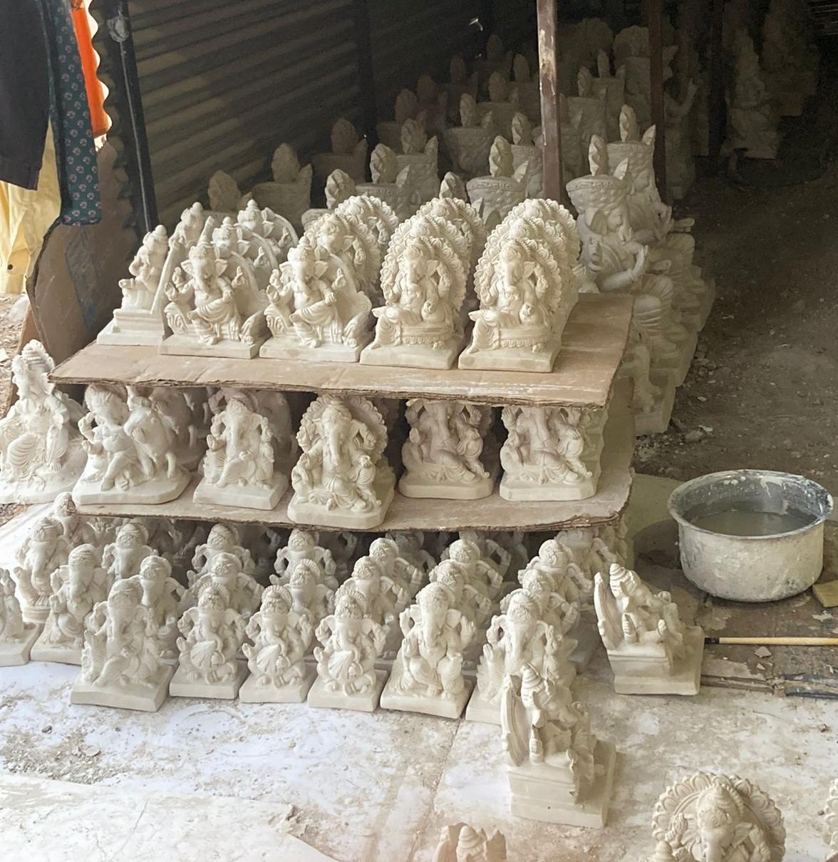 Murtis of Bhagwaan Ganesh stacked for storage at a workshop in Dharashiv. (Source: CKA Archives)