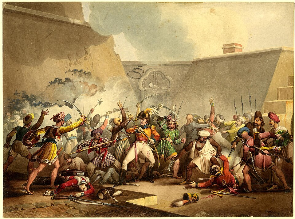 Engraving by William Heath showing Lt. Col. Murray in close combat during the British assault on Thalner Fort in 1818. The scene reflects a key moment from the battle, recorded in accounts of the Maratha War.