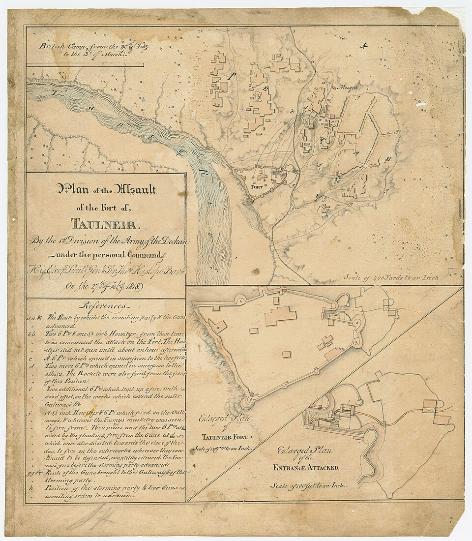 Historical map depicting the plans for British East India Company’s attack on Thalner Fort on 27 July, 1818, during the Third Anglo-Maratha War.