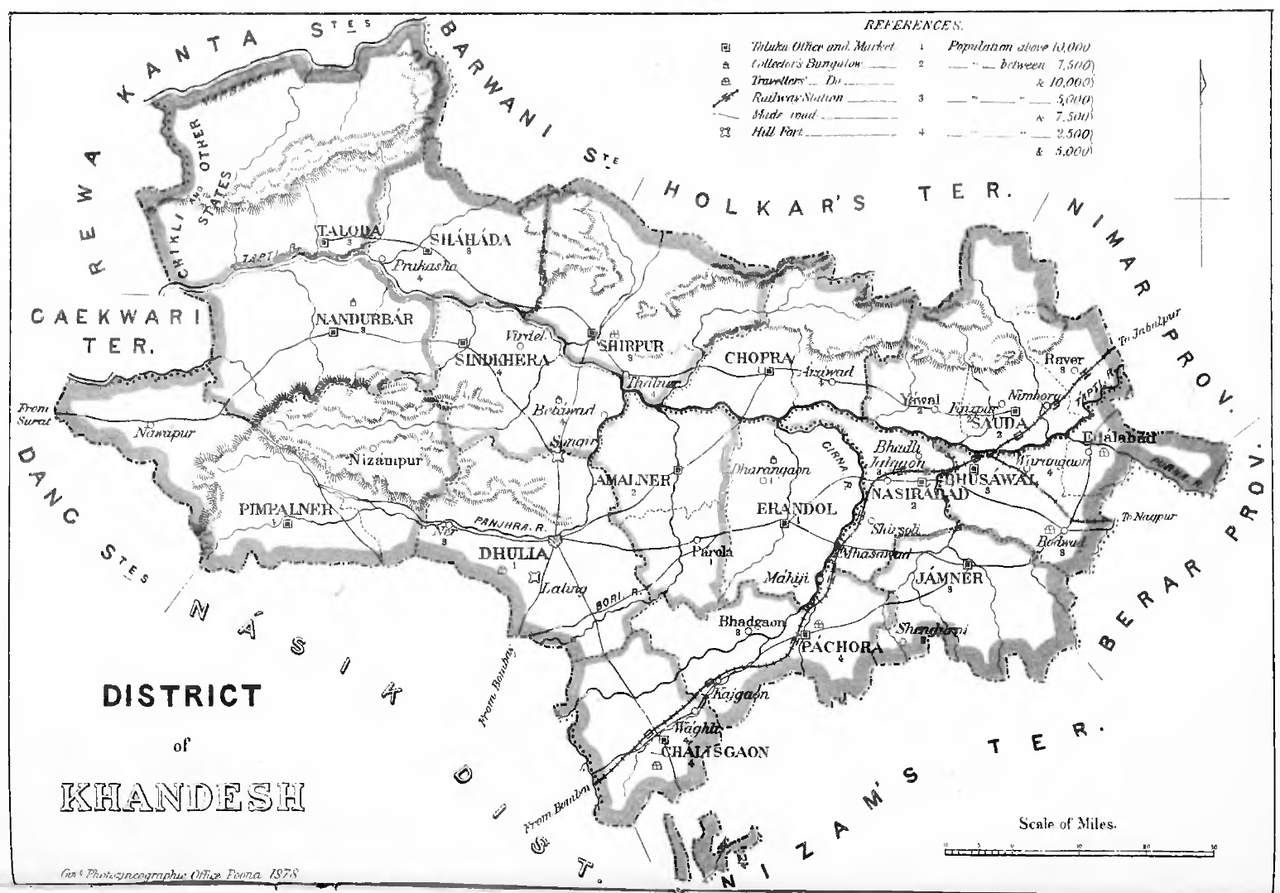 Historical map of Khandesh District (1878), produced during British rule. It shows key towns like Dhule, Jalgaon, and Bhusawal, along with roads and rivers.