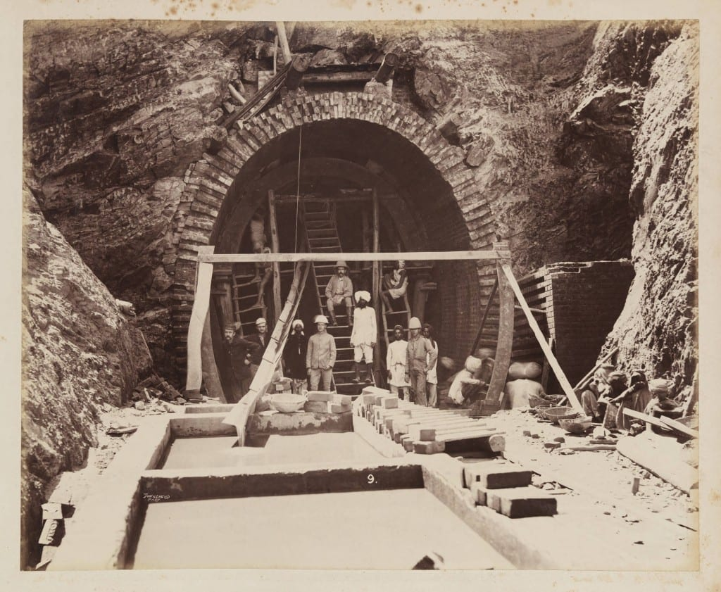 Archival image of workers constructing a tunnel on the Bengal-Nagpur Railway, 1890. Source: Edges of Empire (Southern Methodist University)