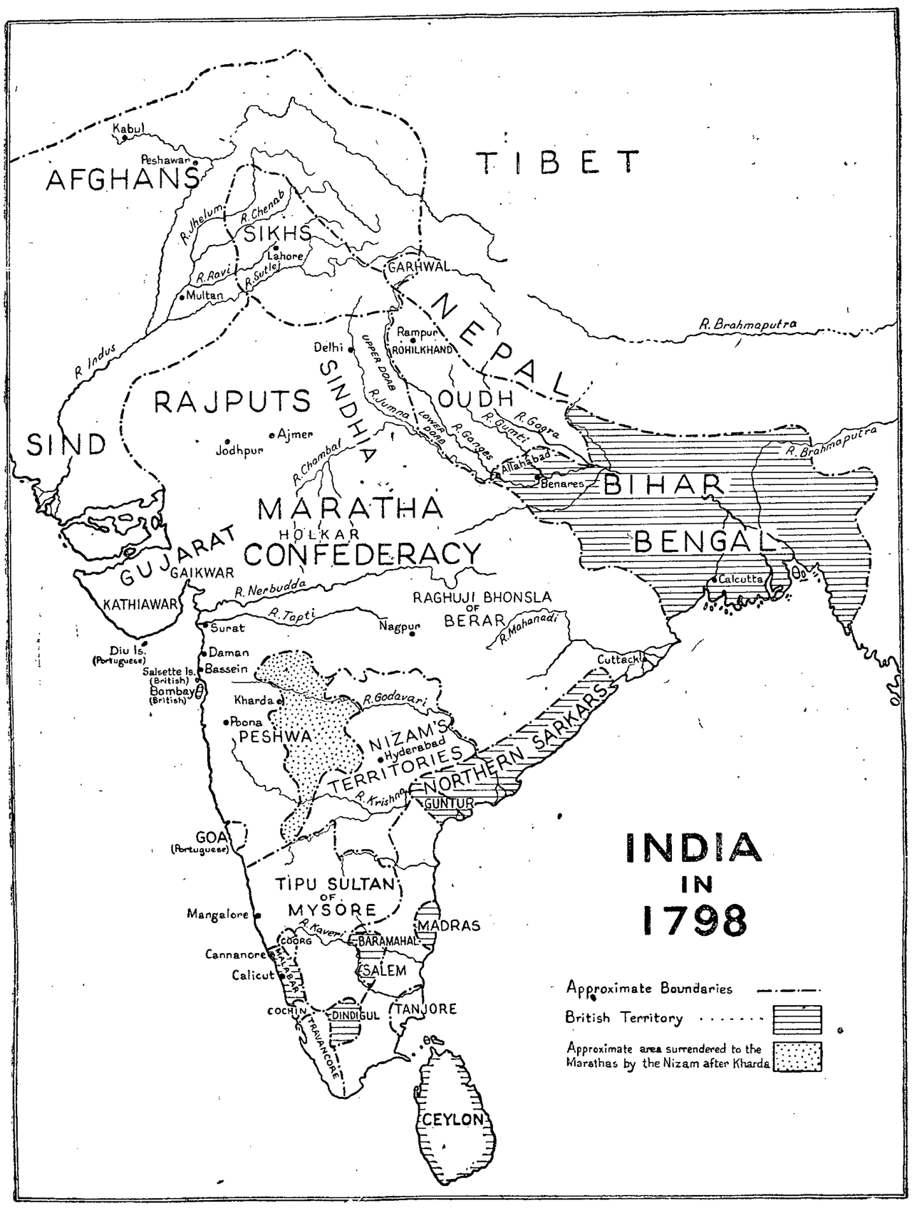 India in 1798, shortly after the Maratha victory at the Battle of Kharda. Berar—including present-day Hingoli—fell under Maratha influence during this period. The map shows the broader territorial divisions between the Marathas, the Nizam, and other regional powers.