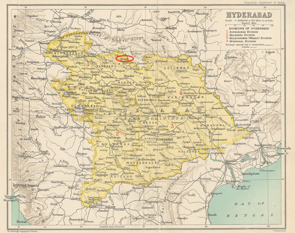 Map of Hyderabad State in 1909.Hingoli (circled in red) appears as part of the Parbhani district and Aurangabad Division within the larger Hyderabad State under the Nizams.
