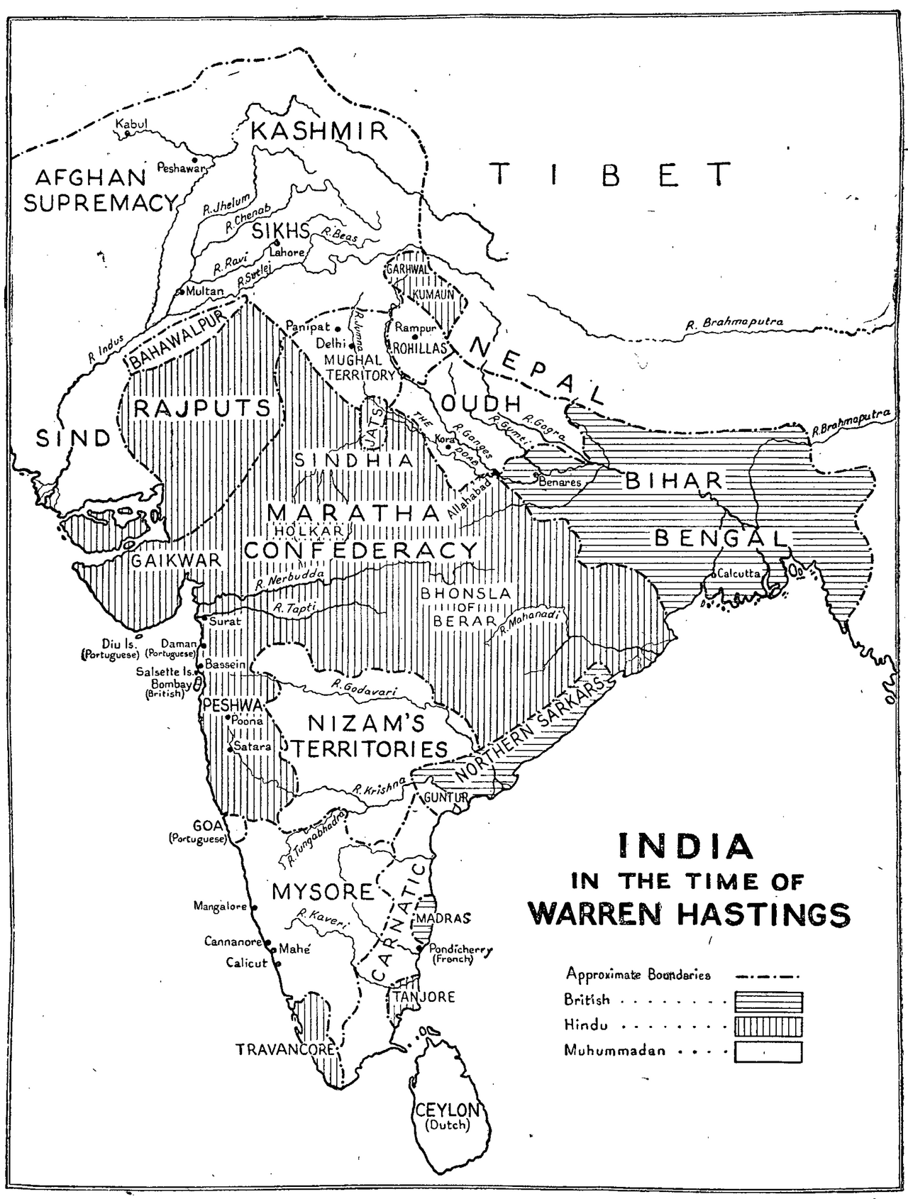 Political boundaries in the time of Warren Hastings (late 18th century). Hingoli, though not marked, lay near the border between the Maratha Confederacy and the Nizam’s dominions. The district’s position in this contested frontier zone shaped its shifting political affiliations in the decades that followed.