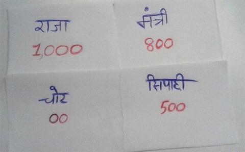 The Chits that are used while playing Raja Mantri Chor Sipahi, (Source: CKA Archives)