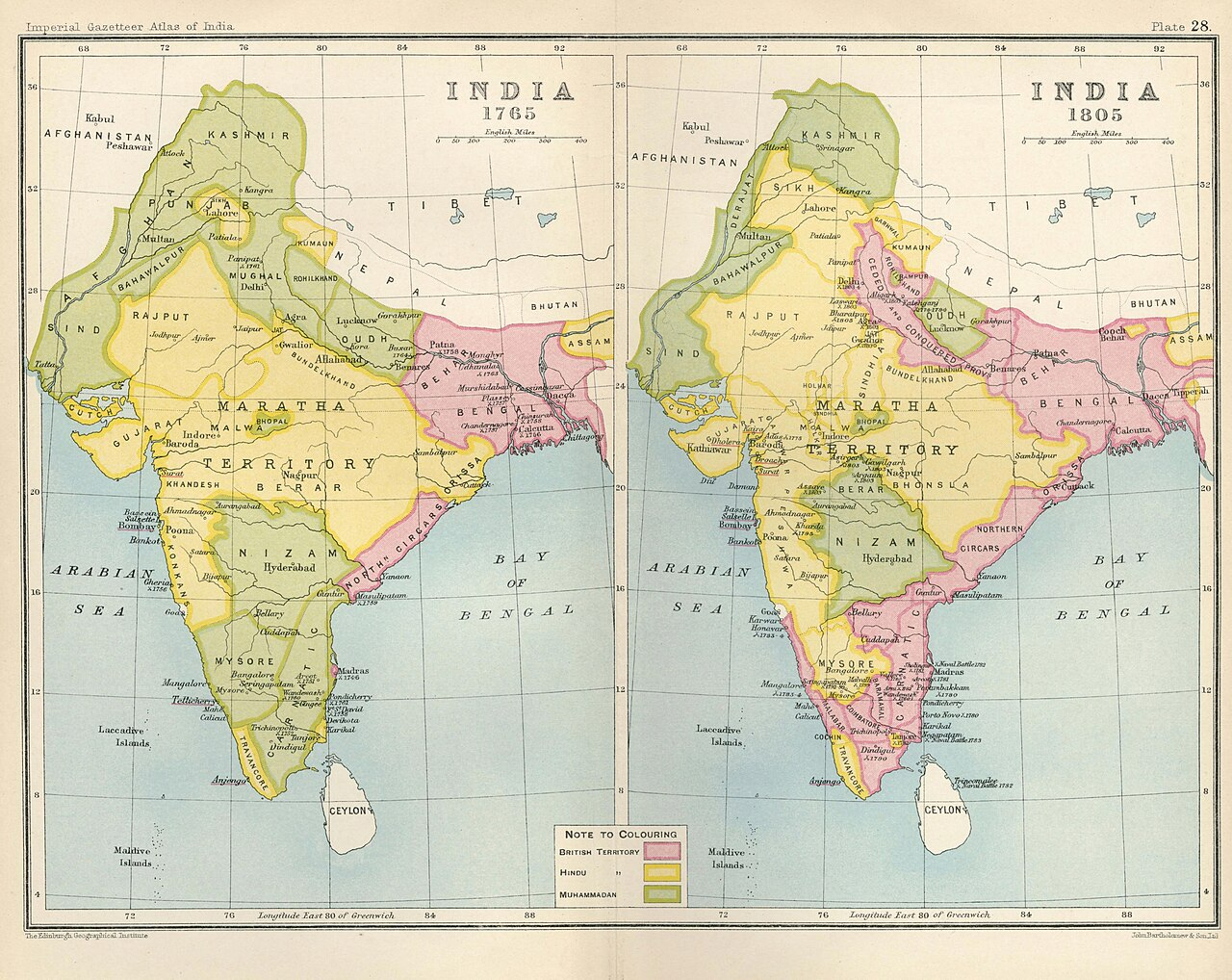 The yellow-shaded area illustrates the territorial extent of the Maratha Confederacy between 1765 and 1805, reflecting its prominence across central and northern India during the late 18th century.