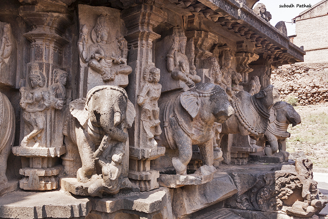 The Adhisthana of the Kopeshwar Mandir featuring the Gaja Patta, a frieze of 92 carved elephants, symbolizing strength and spirituality.[5]