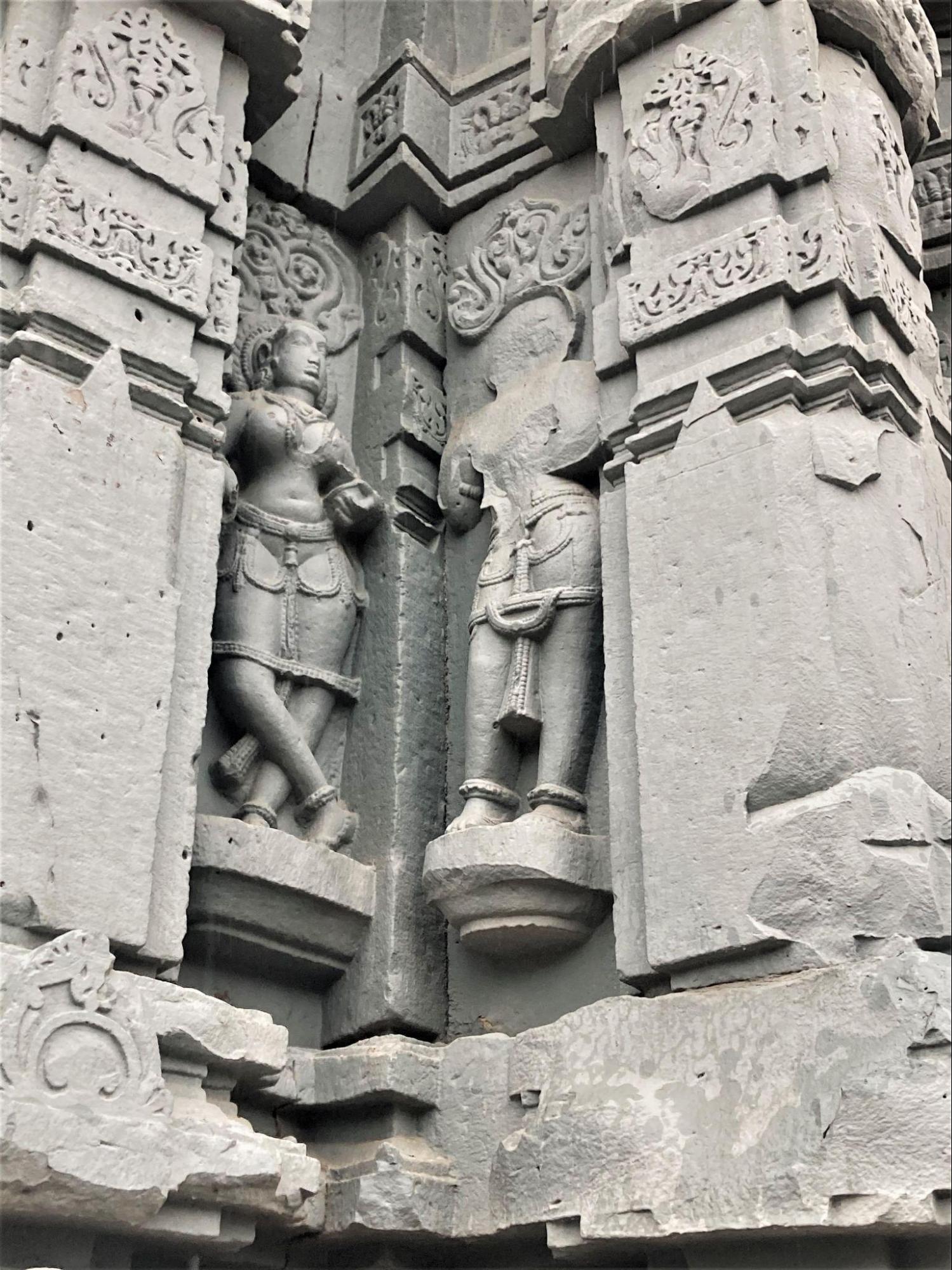 Carved stone sculptures on the Mandir walls of Neelkantheshwar Mandir, depicting deities like Ganesha, Kalbhairav, Durga, and Chamunda. (Source: CKA Archives)