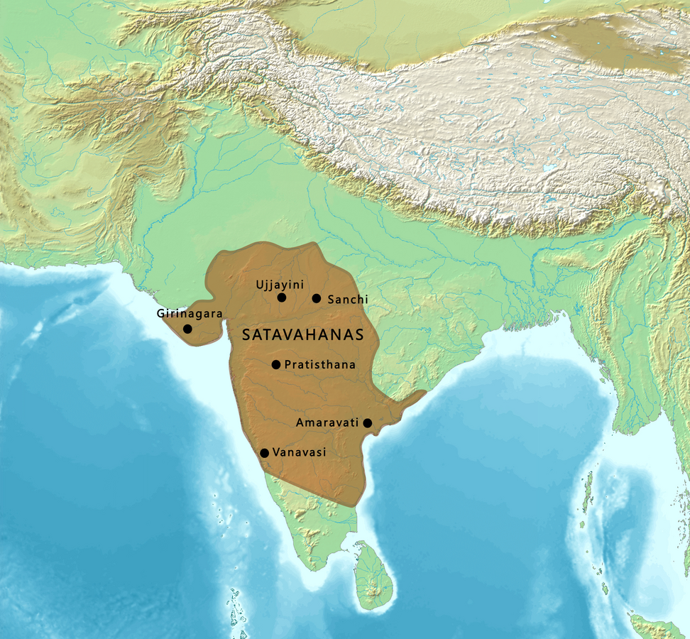 Extent of the Satavahana Empire at its height. Their rule saw a flourishing of trade, with many regions in present-day Maharashtra serving as key urban centres and nodes on inland trade routes. Present-day Latur district lay along the route from Ter to major ports and markets across the Deccan and beyond.