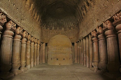 The vaulted roof over the nave and preserved stambhas in Cave No. 3 reflect early chaitya hall architecture at Kanheri.[1]