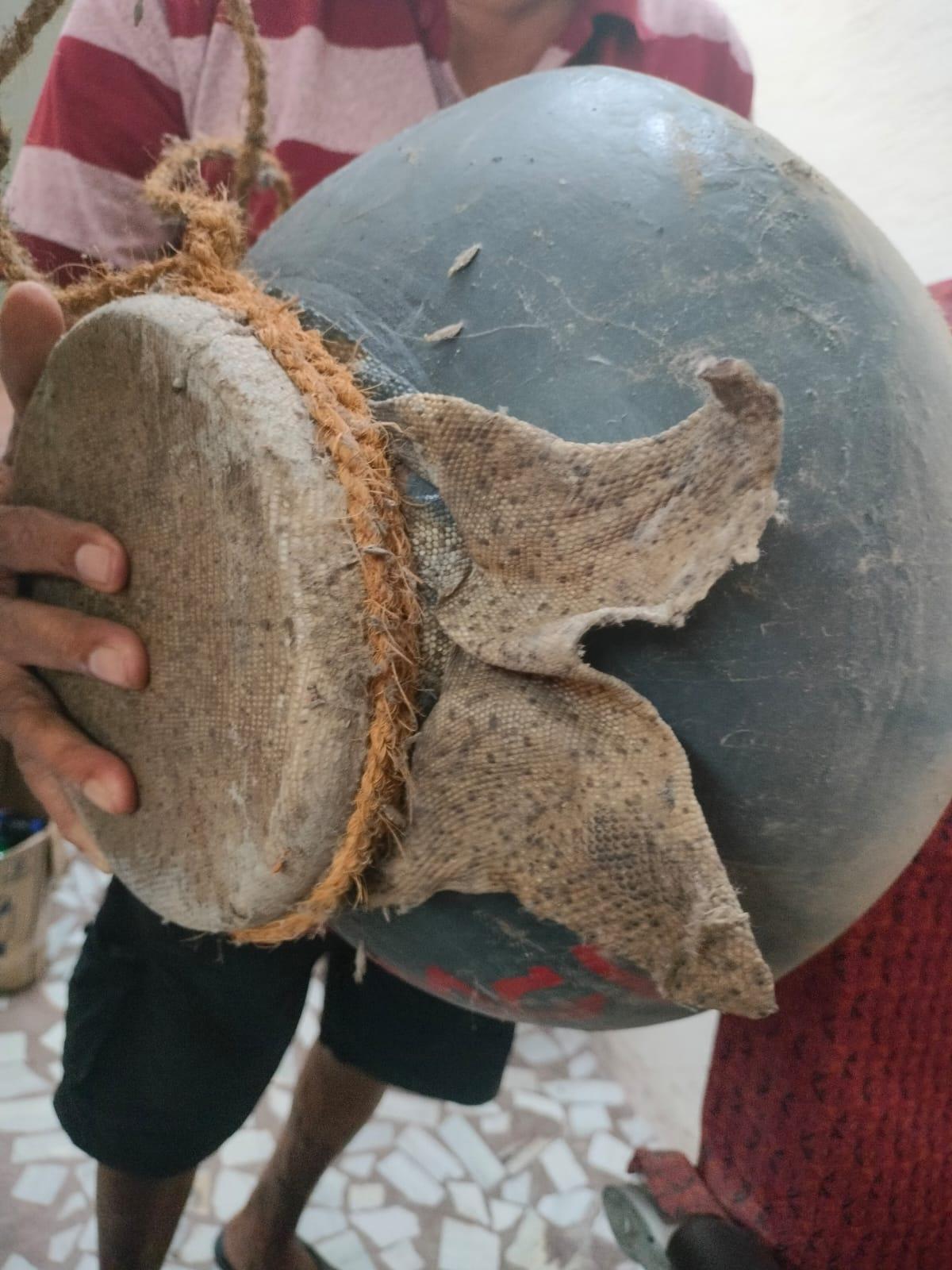 A traditional ghumat, crafted from an earthen pot with a membrane formerly made of monitor lizard skin, historically used in East Indian musical traditions. (Source: CKA Archives)