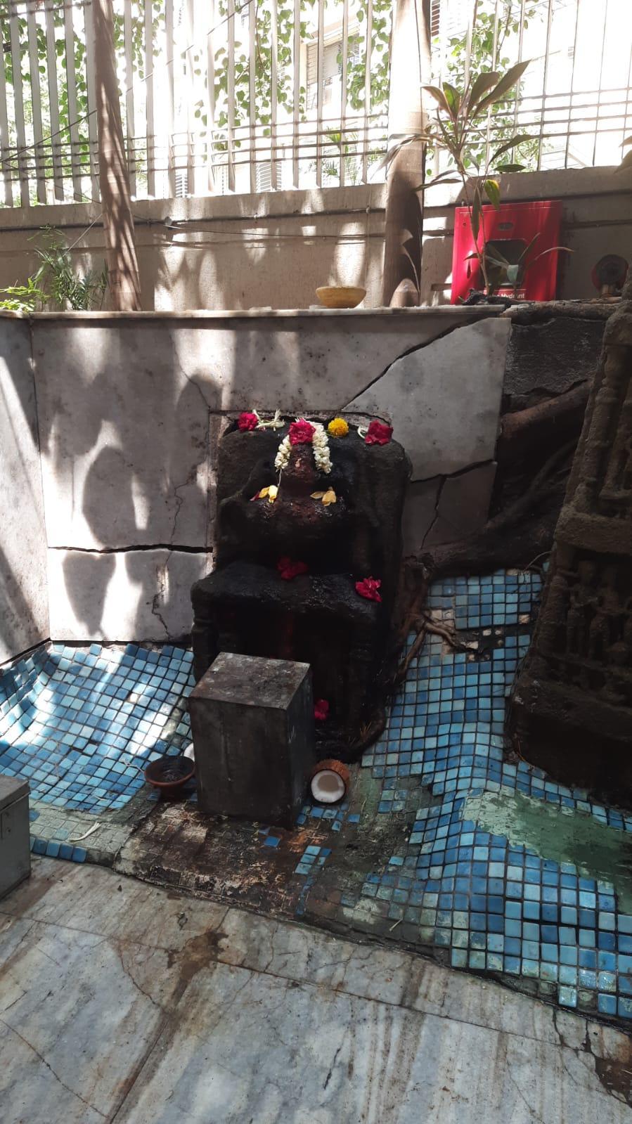 Close-up of a Veergal with visible tikka (vermilion) marks applied during present-day worship practices and offerings such as nariyals (coconuts) and phool (flower). (Source: CKA Archives)