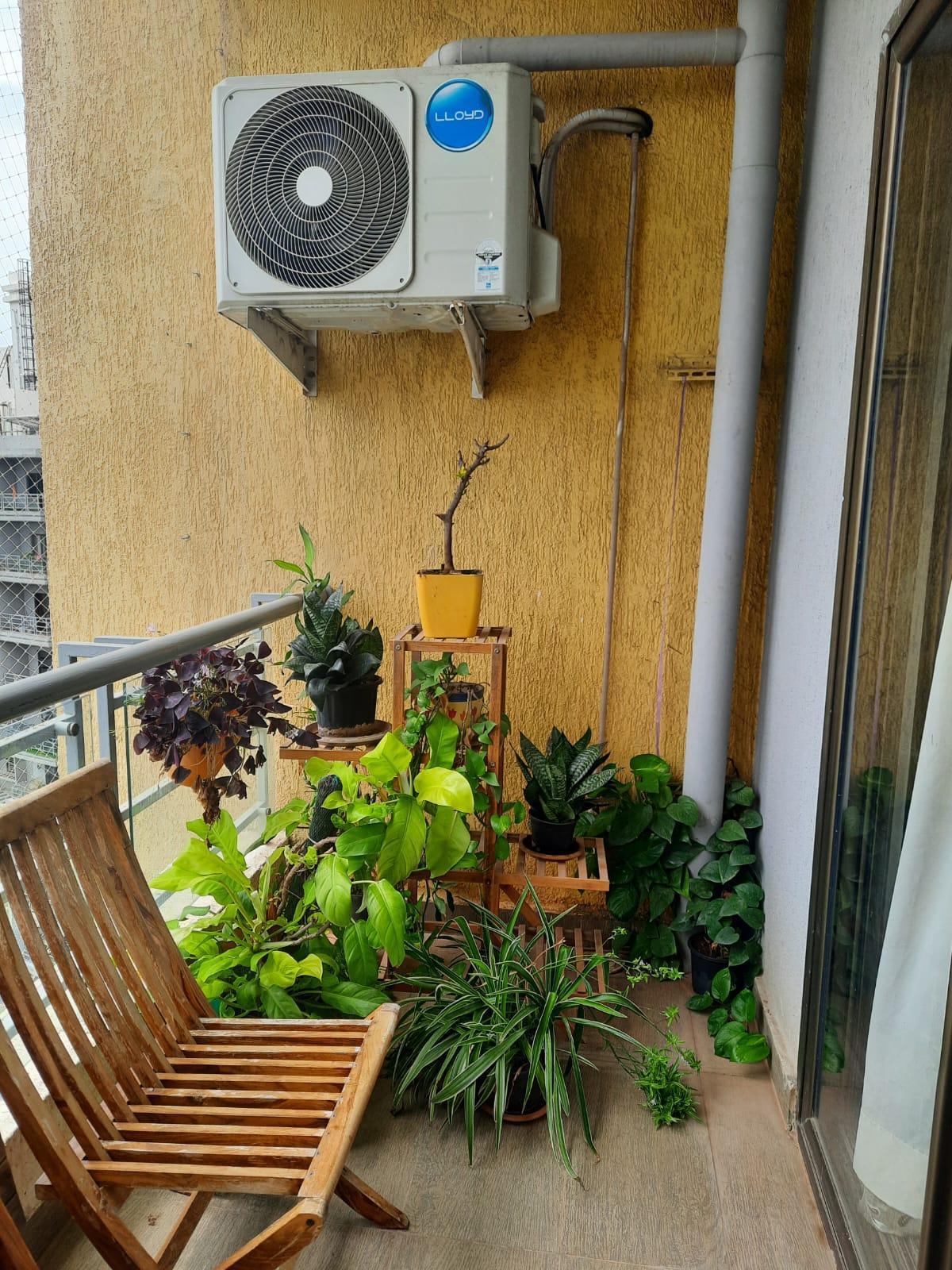 Narrow balcony attached to the living room of the apartment. The balcony has a wooden floor and a cluster of plants have been kept in it, leaving little space for outdoor seating. (Source: CKA Archives)