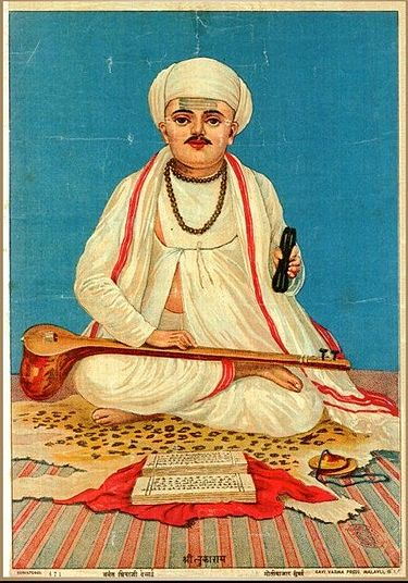 Sant Tukaram depicted with a tambura in hand and cymbals by his side, the iconic instruments of his abhangas and kirtans that shaped the Bhakti movement in Maharashtra.[4]