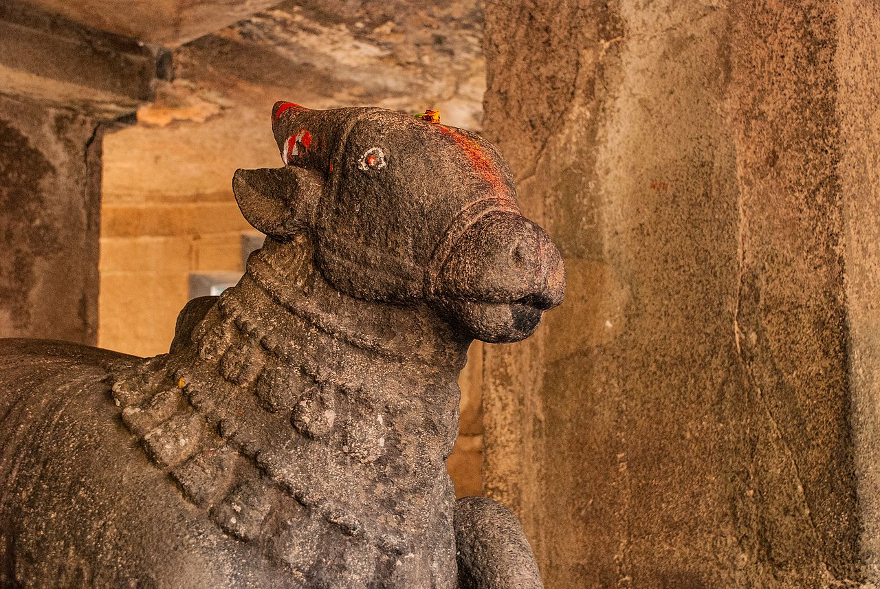 Nandi, Shiva’s sacred bull mount, positioned in front of the gabhara (inner sanctum) at Pataleshwar.[50]