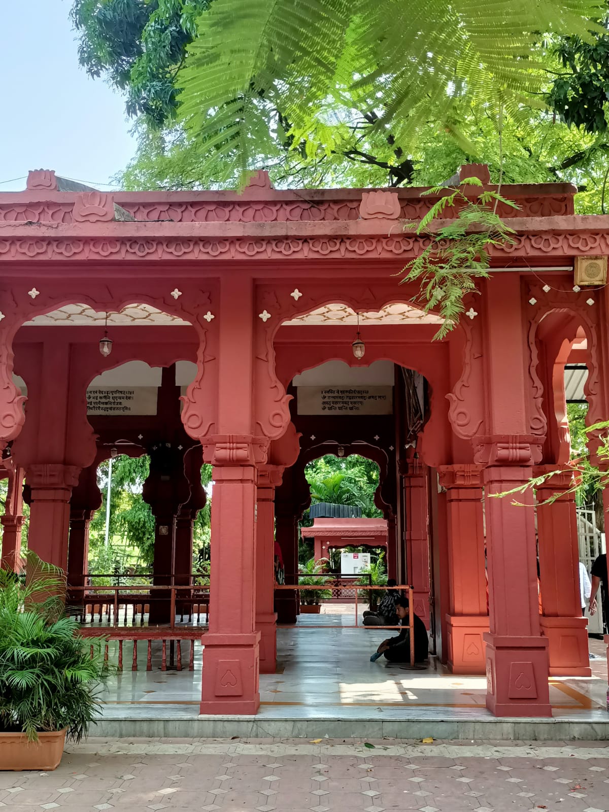 Pillars of the Mandir hall, adorned with detailed carvings in a deep red-brown tone. (Source: CKA Archives)