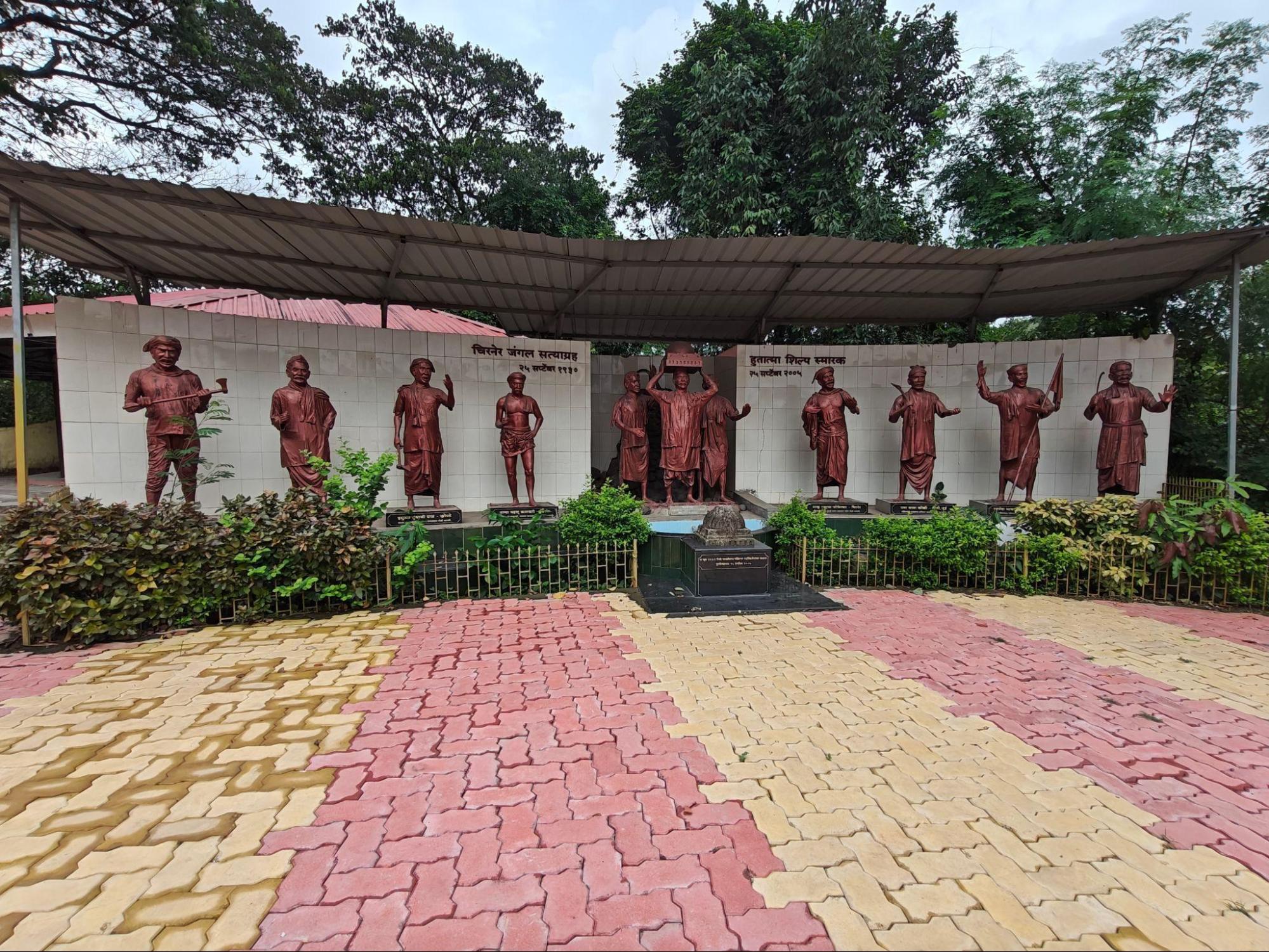 Statues commemorating the Satyagrahis killed during the 1930 Jungle Satyagraha in Chirner village, Uran taluka, Raigad district. (Source: CKA Archives)