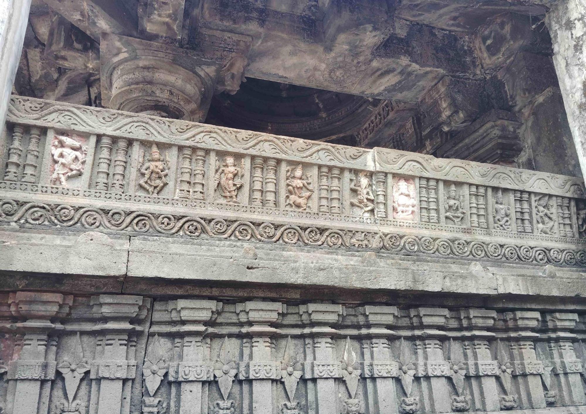 Ornamental stonework on the outer wall of the mukhmandap (entrance hall), featuring motifs and figures typical of early Deccan stone carving traditions. (Source: CKA Archives)