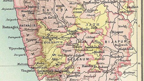Map from the 1909 Imperial Gazetteer showing princely territories in the southern Deccan. Most of the areas now comprising Sangli district appear here as part of various princely states, such as Sangli, Miraj, Jath.