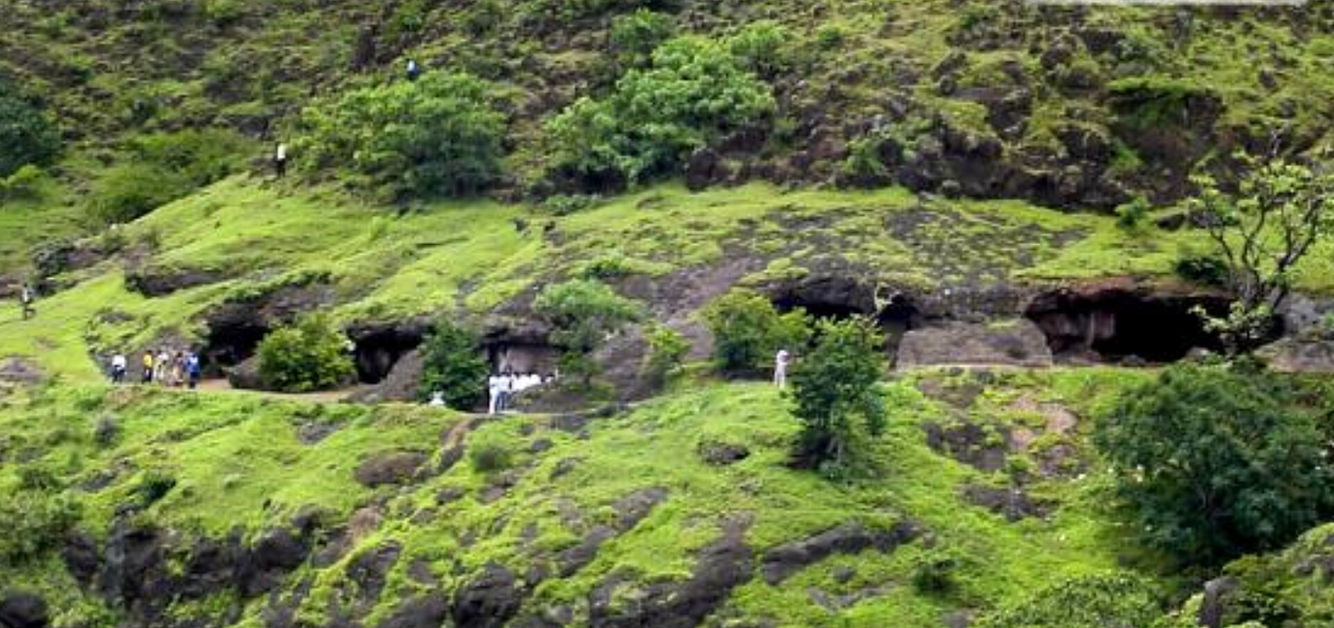 Exterior view of the Karad Caves, Jakhinwadi — Rock-cut Buddhist caves on Agashiv hill, overlooking the Koyna River valley near Karad.