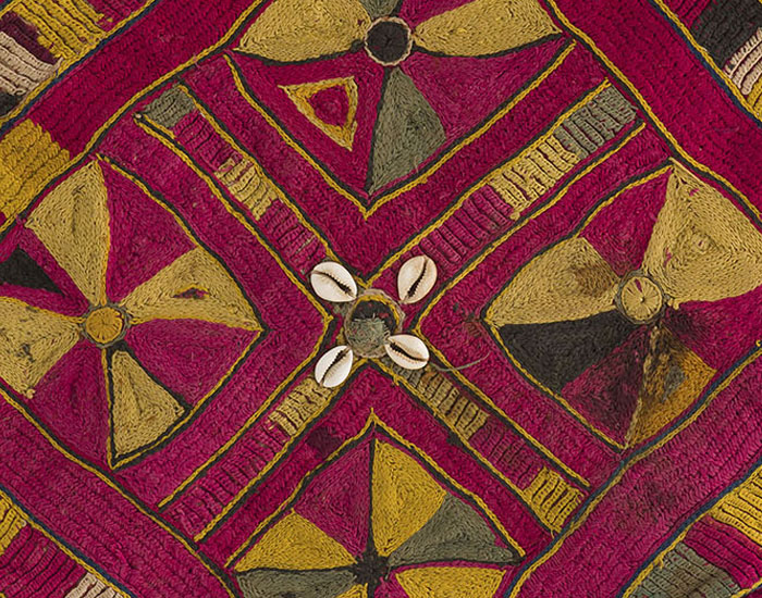 Close-up of Banjara embroidery, highlighting the detailed mirror work, beadwork, and hand-stitched geometric patterns.[4]