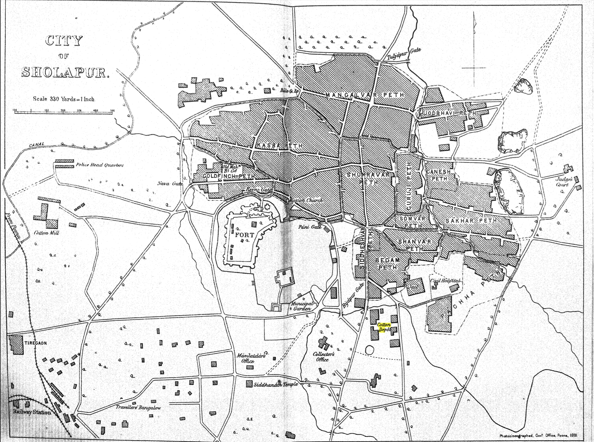 A picture of the Railway Lines and Roads in Solapur City, 1881 (The map is taken from the District Gazetteer).