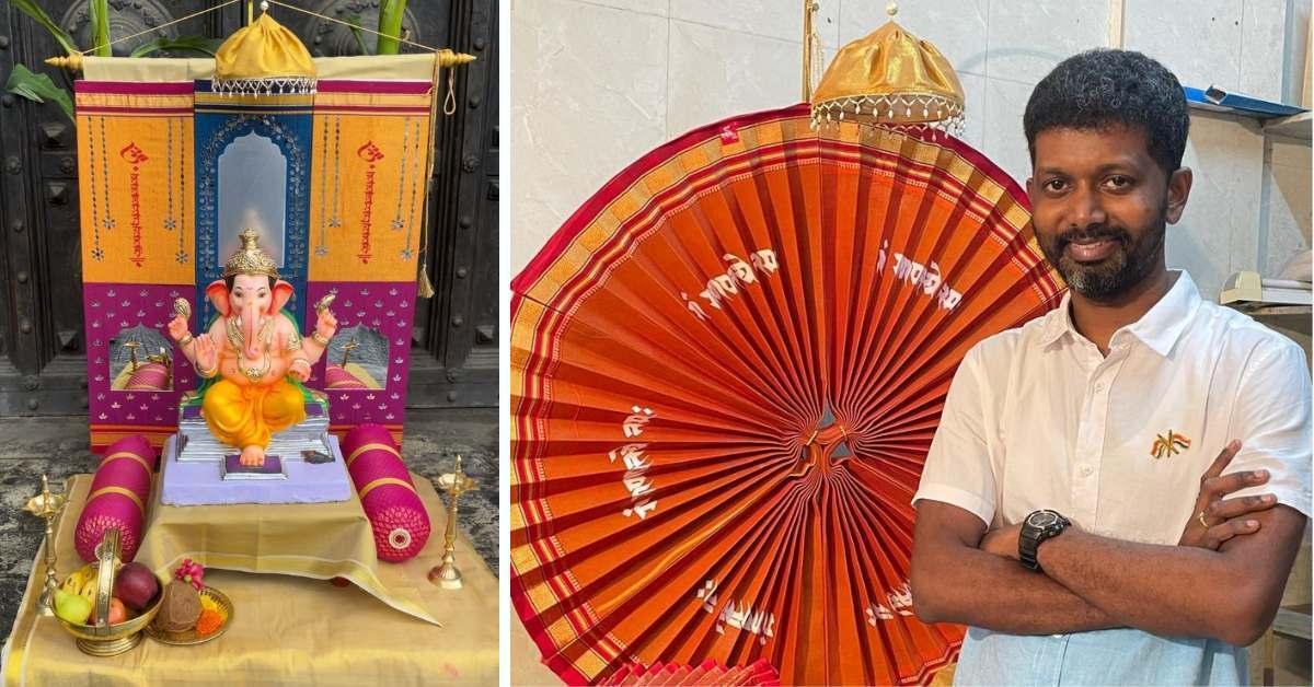 Thane-based artist Sandesh Shankar Gaonkar showcases his eco-friendly Ganesh Chaturthi makhar made from traditional Paithani and Ilkal sarees.[5]