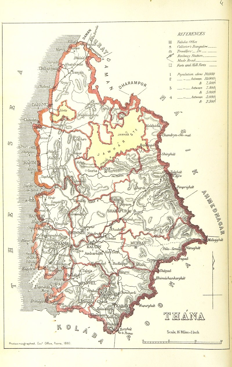 Administrative map of Thane district, 1896. The map shows British-controlled subdivisions along with the princely state of Jawhar (highlighted in yellow) as an enclave within the district.