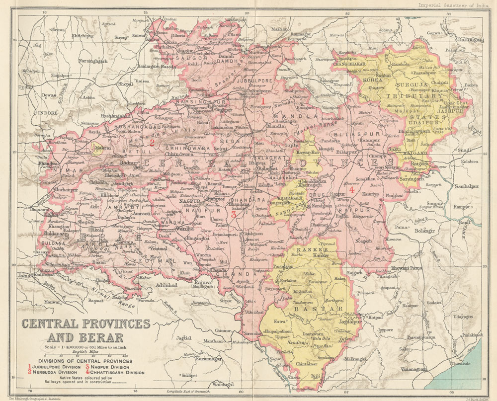 Map of the Central Provinces and Berar, 1909. Wardha District was created in 1862 within the new Central Provinces and Berar; its headquarters shifted from Kaotha to the newly planned town of Wardha in 1866.