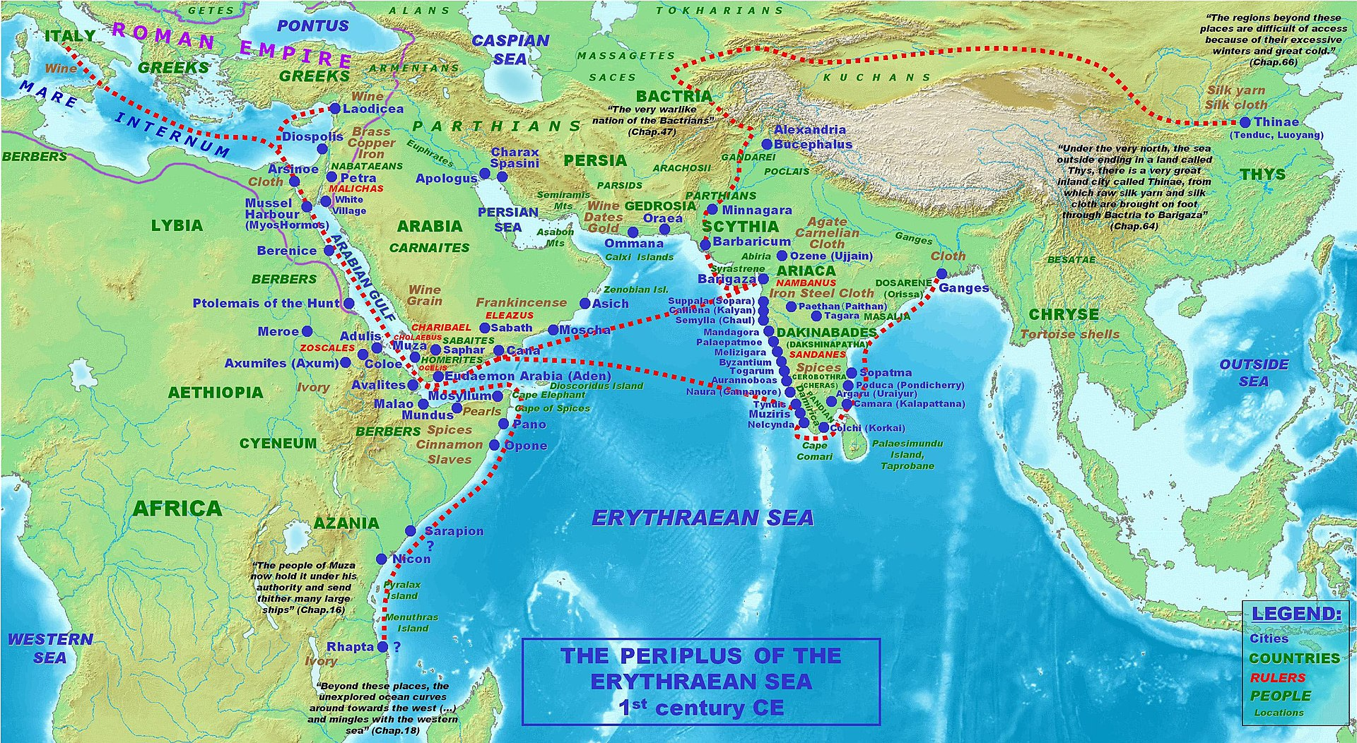 Map showing ancient trade centres mentioned in thePeriplus of the Erythraean Sea(1st century CE), a Greco-Roman text describing maritime commerce in the Indian Ocean. Tagara, marked here, is generally identified by scholars to be Ter which lies in  Dharashiv district. Notably, Latur, situated close by, is believed to have formed part of the trade routes linking Tagara to major ports and the wider Roman trade network.