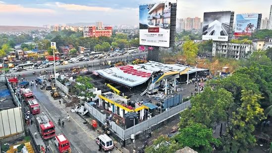 Site of the Ghatkopar billboard collapse in May 2023, where the structure fell onto vehicles and a petrol pump.