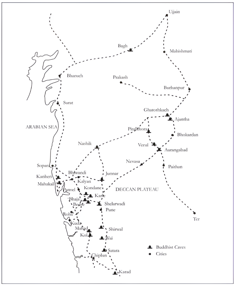 Ancient trade routes and Buddhist caves in the Deccan region that were uncovered and pieced together by many scholars over the centuries. Cave sites along this route are said to indicate a connection between trade and the spread of Buddhism Source: Heritage: Journal of Multidisciplinary Studies in Archaeology